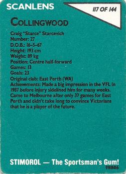 1988 Scanlens VFL #117 Craig Starcevich Back
